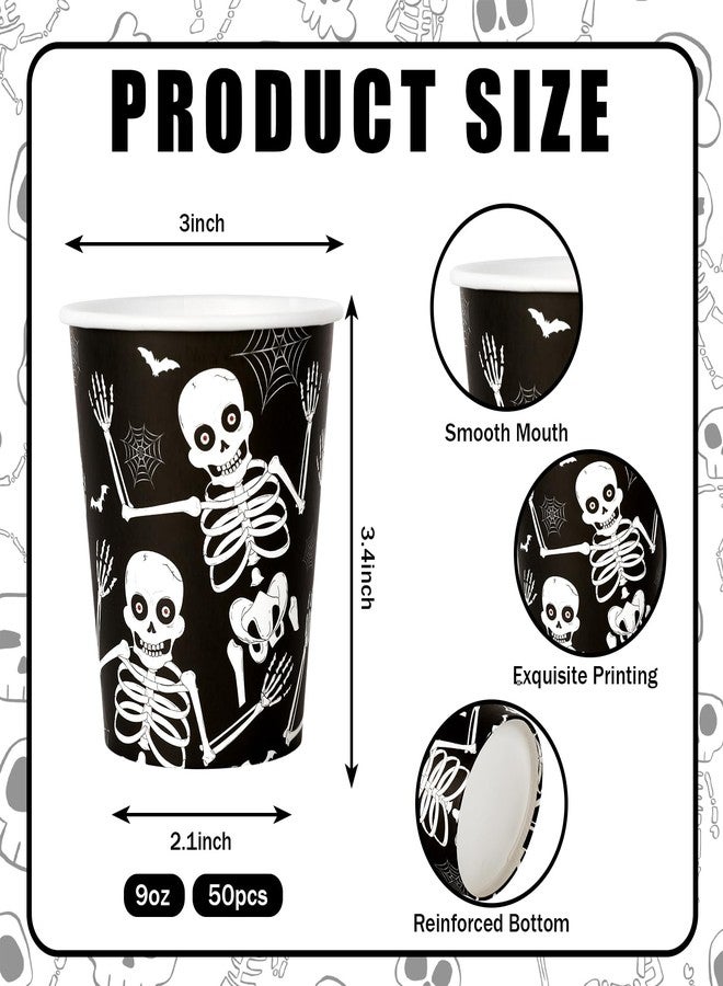 JarThenaAMCS مجموعة جارثينا إيه إم سي إس، ٥٠ قطعة من أكواب ورقية للاستخدام مرة واحدة للهالوين، سعة ٩ أونصات، بتصميم هيكل عظمي، مثالية لحفلات الهالوين، والقهوة، والعصائر، والمشروبات الساخنة والباردة، ولوازم حفلات الهالوين. - Image 2